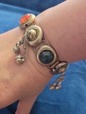 Vintage Bohemian Silvertone Bracelet with Multicolour Agates And Dangling Bells